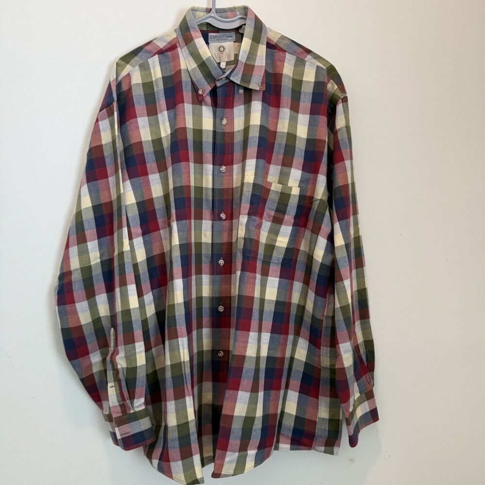 Bullock & Jones Viyella L Men's Dress Shirt Green Red Blue Check LS Cotton Wool